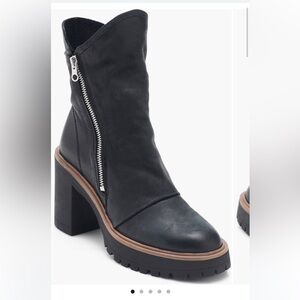 Free People Jack Booties- Women’s Black Leather Chunky Heel Boot with Side Zip